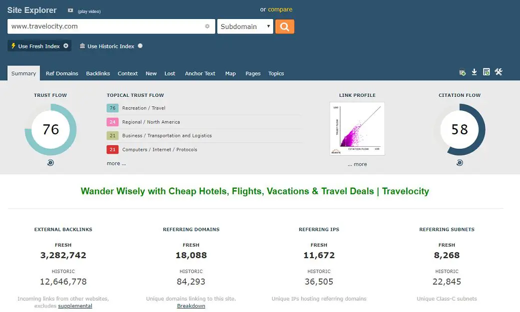 Majestic.com screenshot for Travelocity