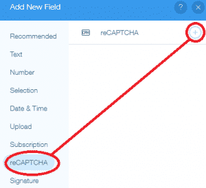 Wix Add New Field with Plus and reCAPTCHA circled